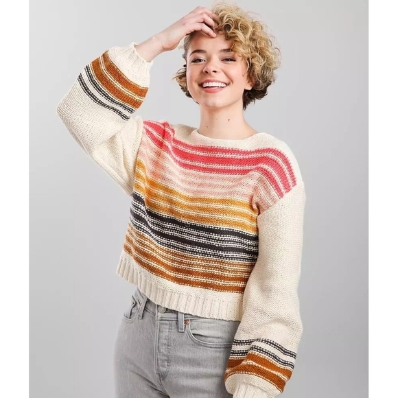 Billabong Multicolor Seeing Stripes Cropped Sweater 100% Cotton Beachy Boho - Picture 3 of 10